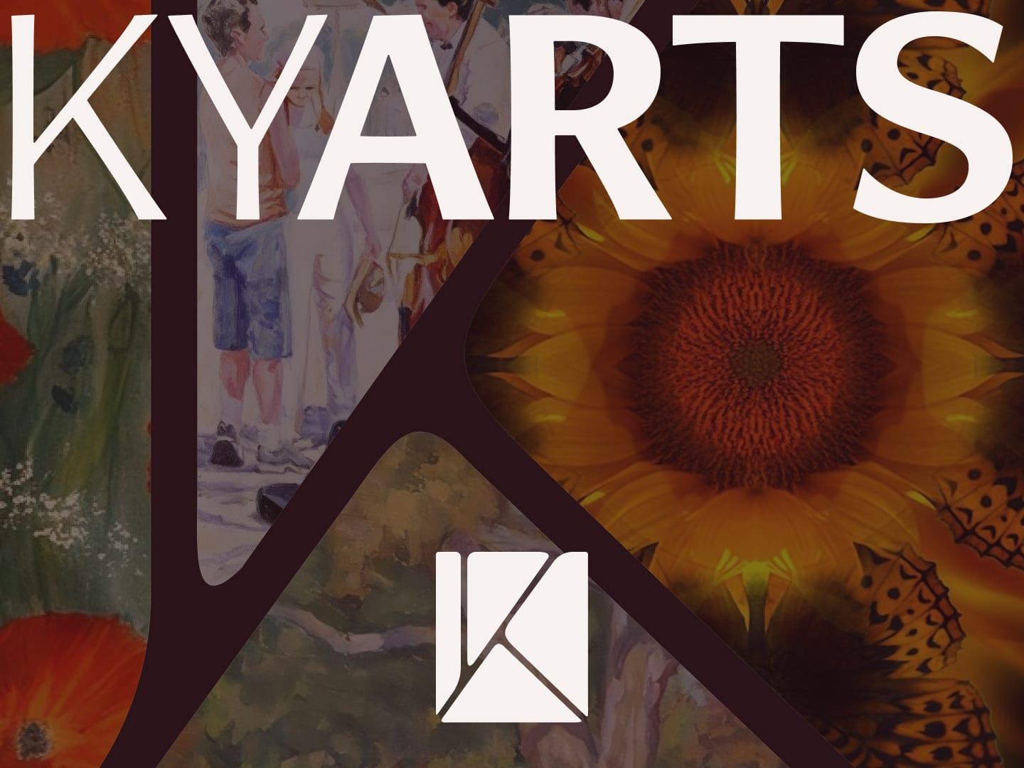 Kentucky Arts Council cover: the KYARTS wordmark over paintings of musicians and a sunflower, framed by the cut shapes of the K mark