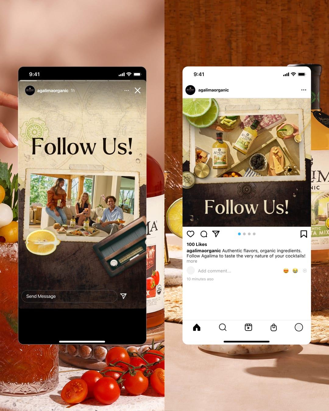 Two phone screens showing Agalima "Follow Us!" social posts over a tabletop of cocktails and tomatoes