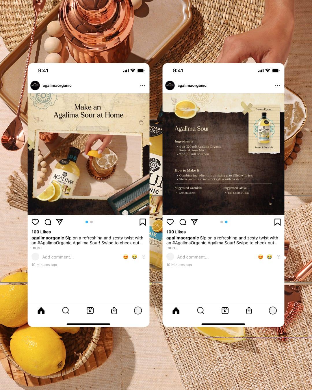 Two Instagram posts for an Agalima Sour recipe, with ingredients and method, shown on phones over a table of lemons