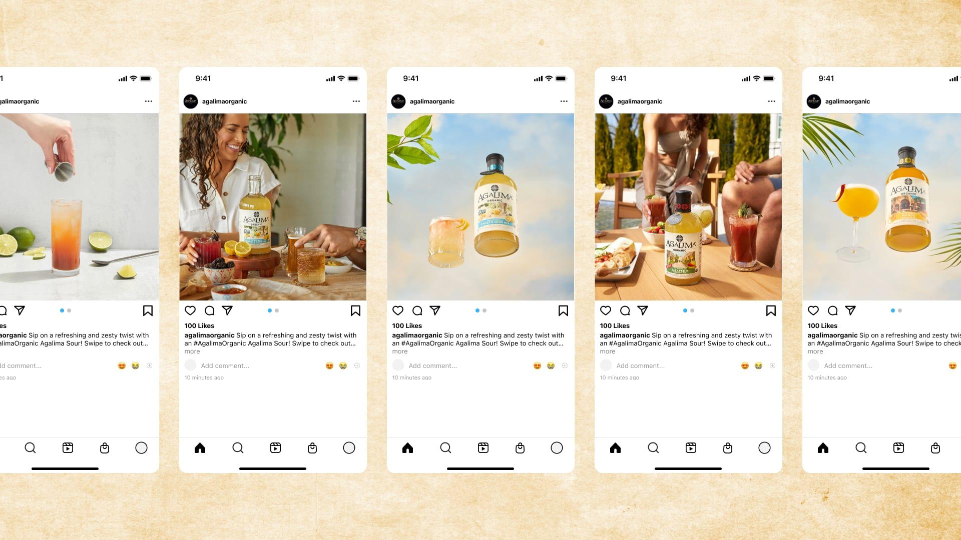 A row of five Instagram posts featuring Agalima mixers in bright outdoor and studio cocktail scenes