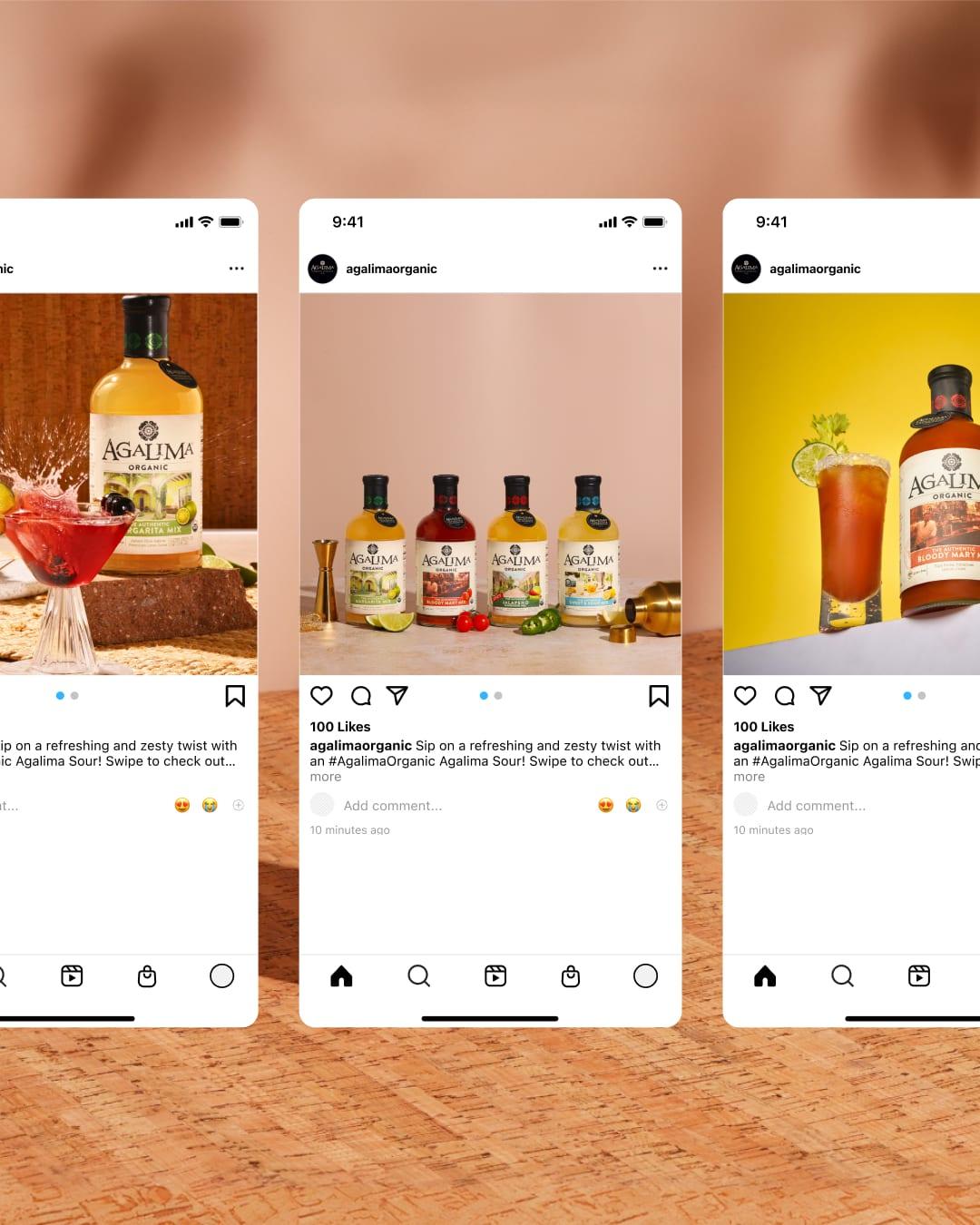 Three Instagram posts showing Agalima bottles with a red cocktail, the full product lineup and a Bloody Mary