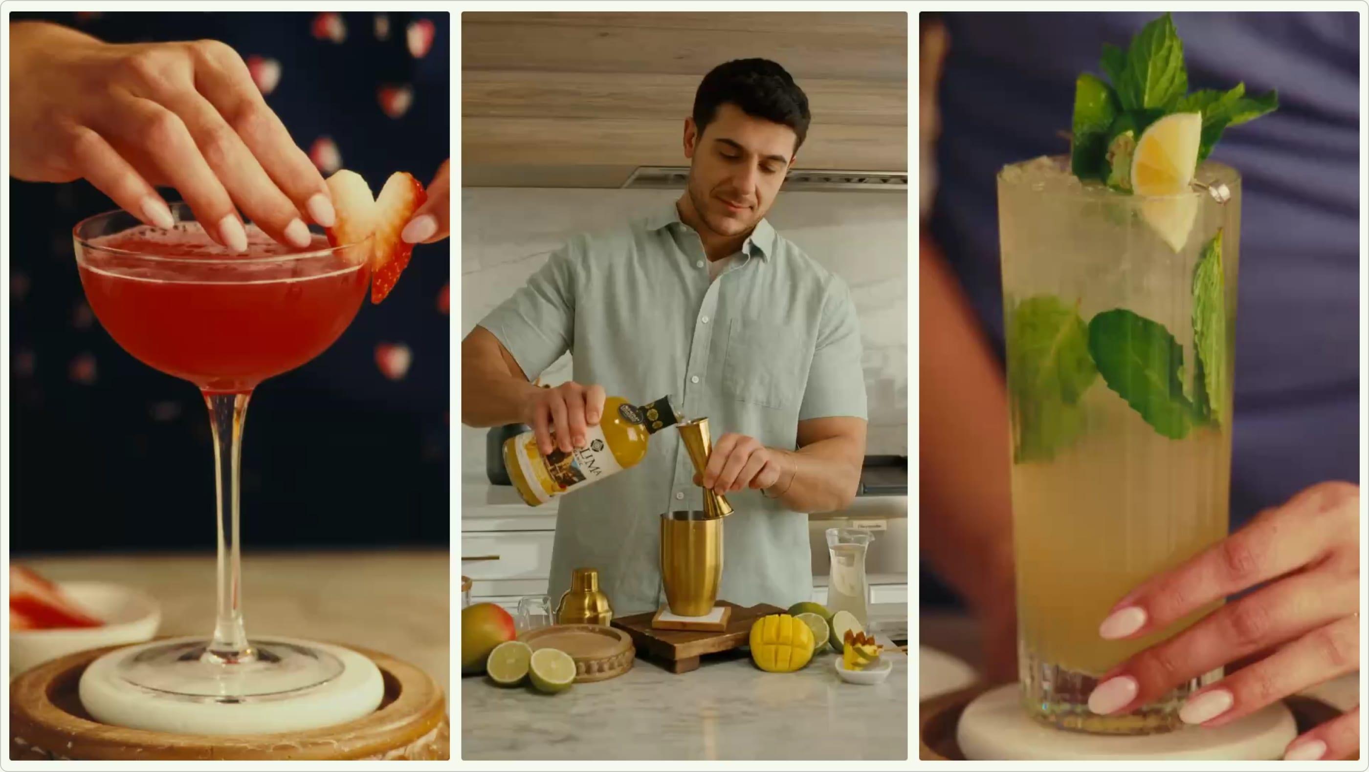 Three recipe video stills: a red coupe cocktail being garnished, a man pouring Agalima into a shaker, and a tall mint and pineapple drink