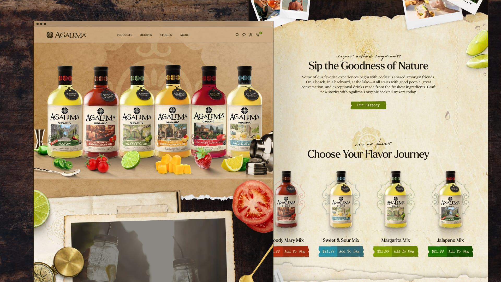 Agalima website homepage with the full bottle lineup and the "Choose Your Flavor Journey" product section
