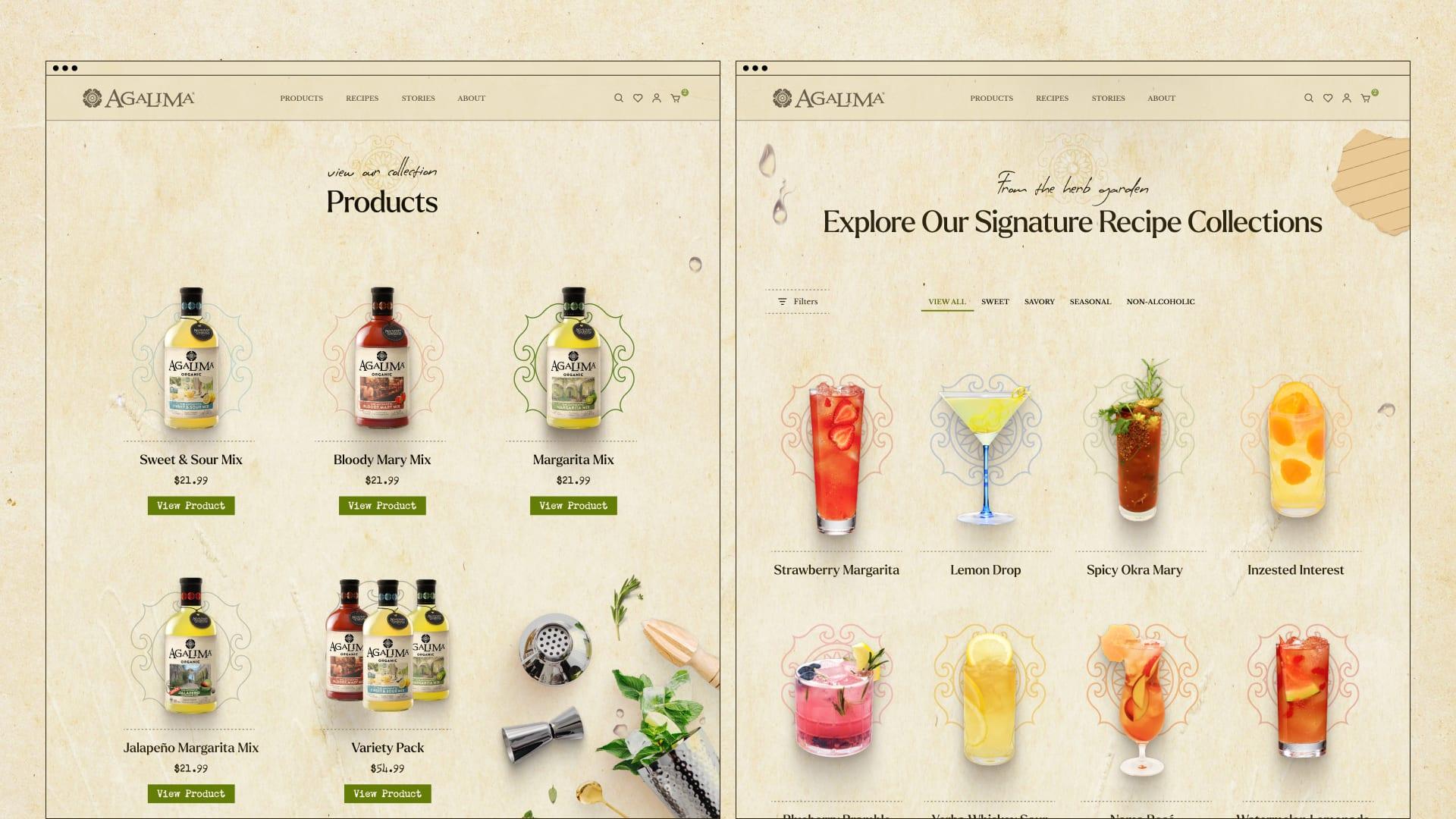 Agalima website products page and signature recipe collections page on a vintage paper background