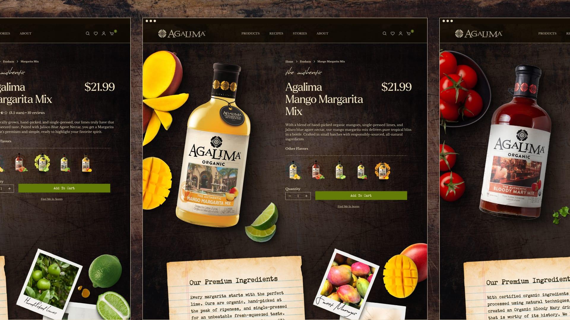Three Agalima product detail pages, including Mango Margarita Mix and Bloody Mary Mix, on a dark wood background