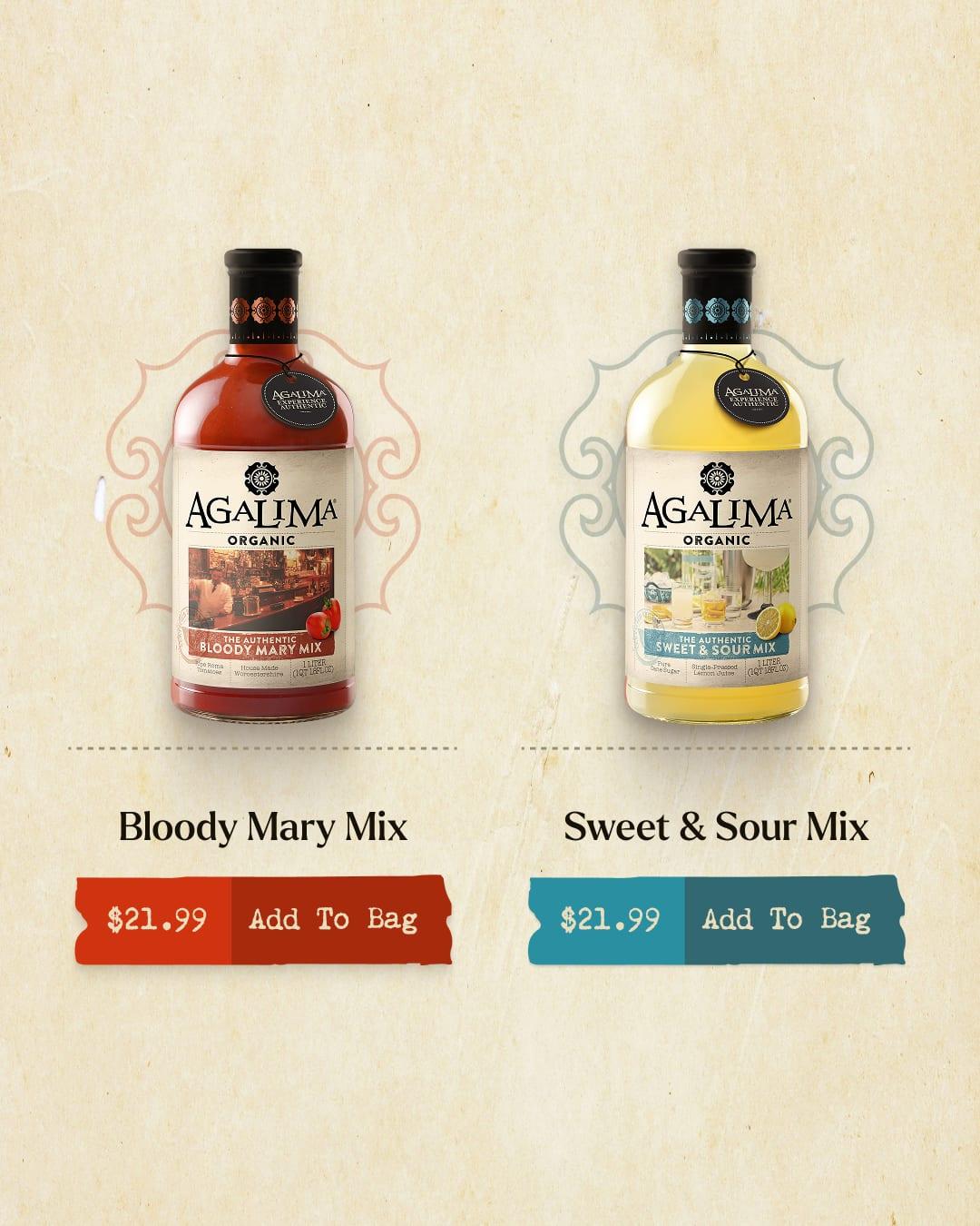 Bloody Mary Mix and Sweet & Sour Mix product cards with torn-tape "Add To Bag" buttons