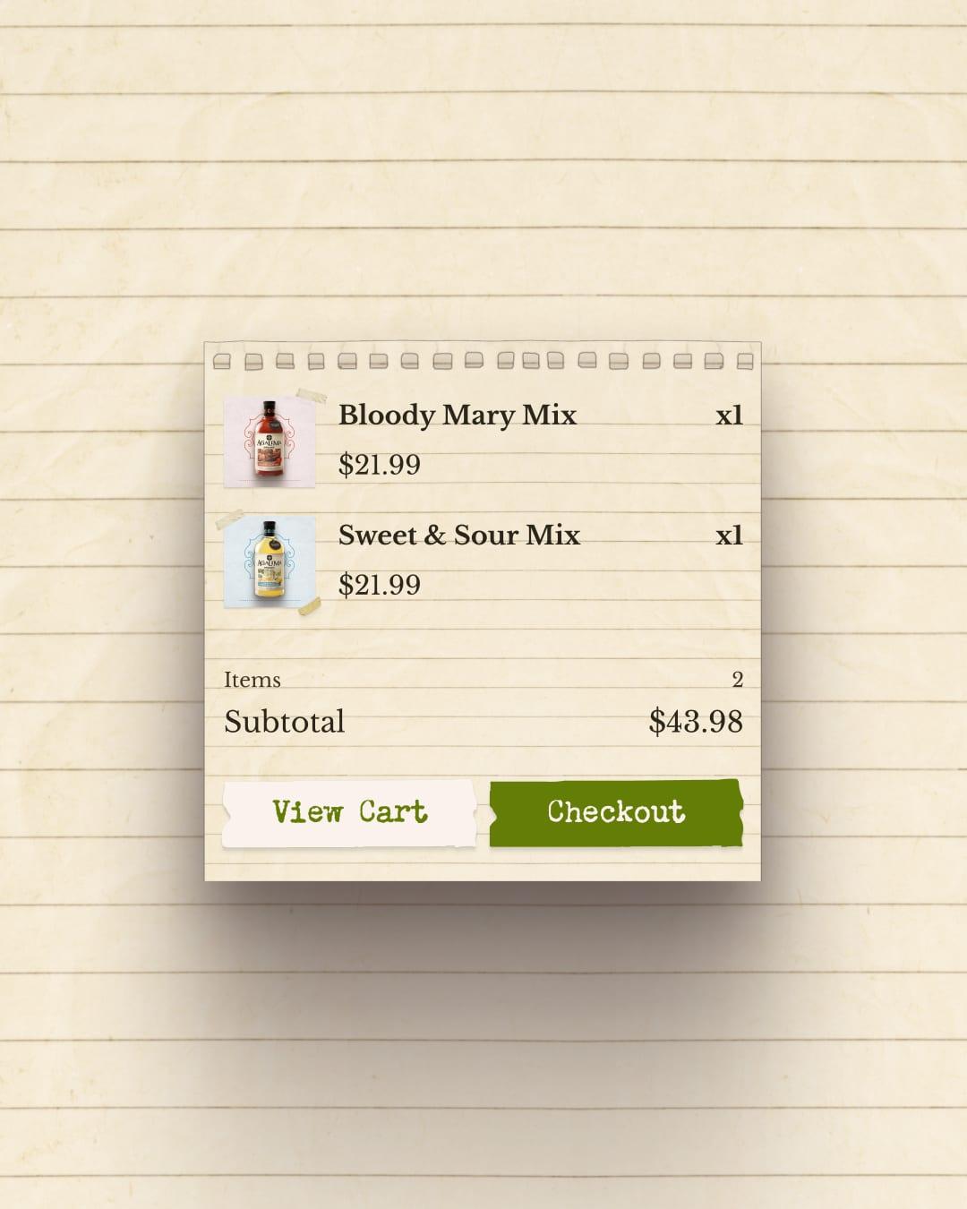 Agalima mini cart styled as a notepad, listing Bloody Mary Mix and Sweet & Sour Mix with View Cart and Checkout buttons