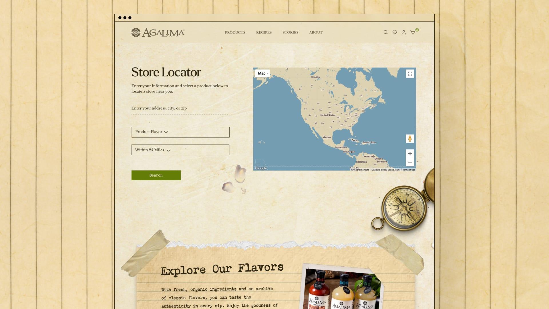Agalima website store locator page with a map of North America and an "Explore Our Flavors" section