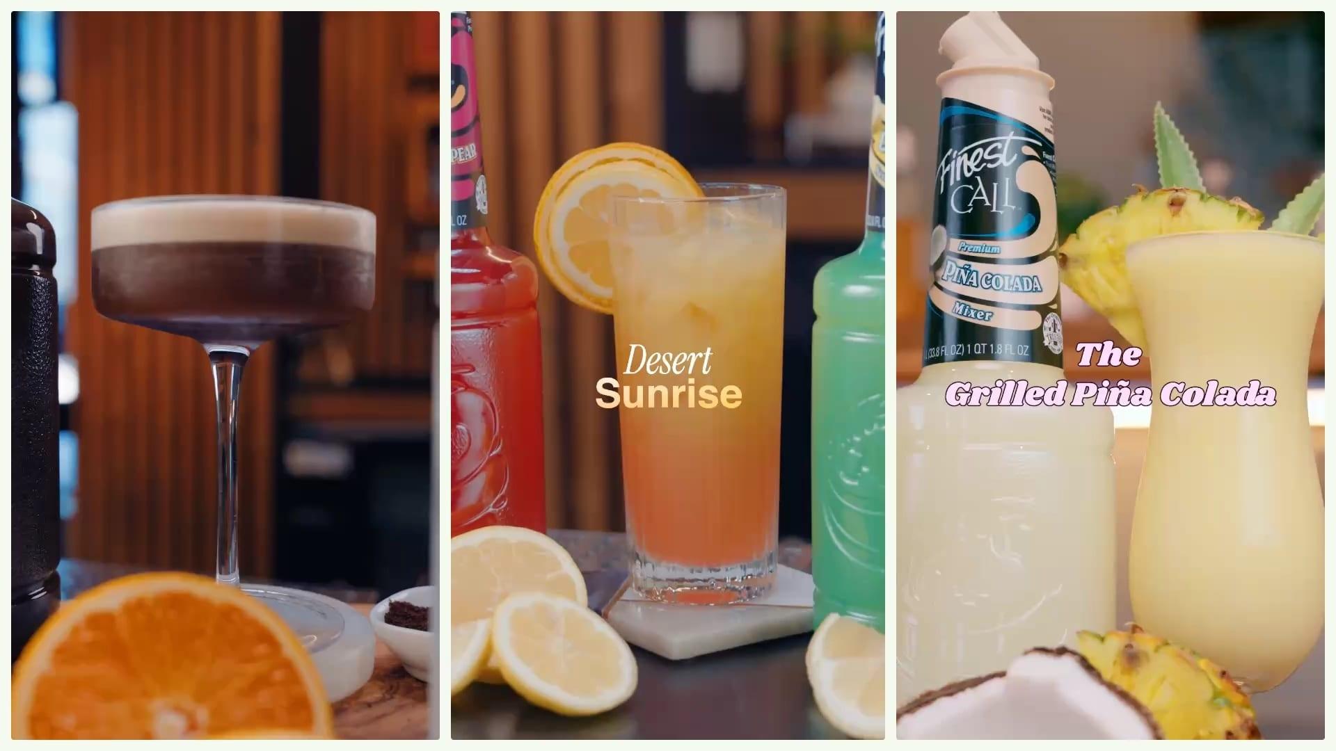 Three vertical recipe video stills: an espresso martini, a Desert Sunrise, and The Grilled Piña Colada with a Finest Call Piña Colada mixer