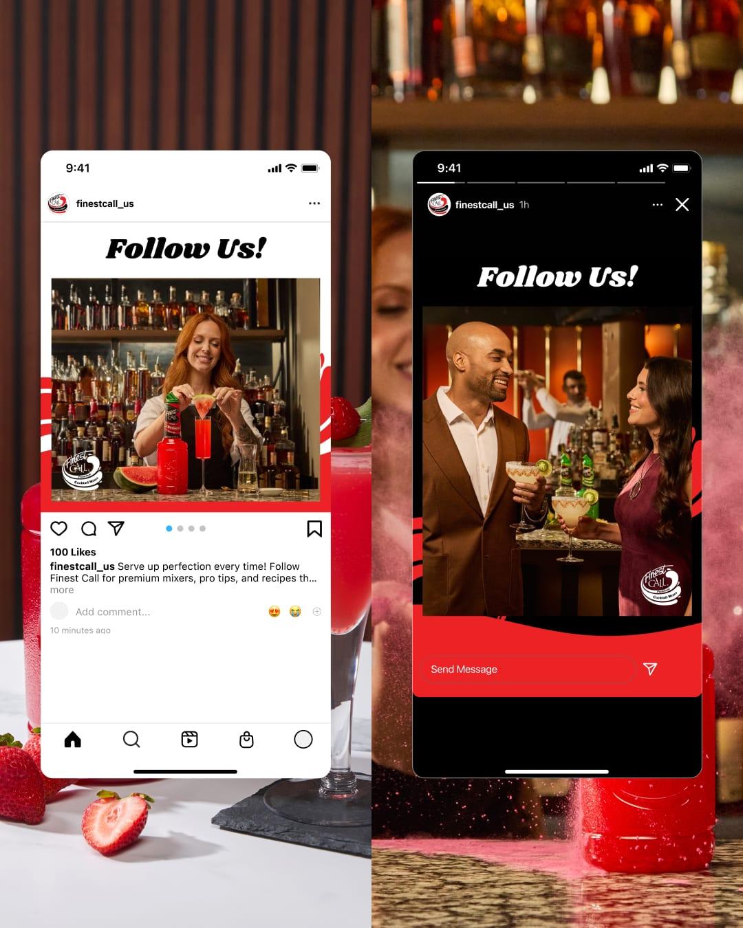 Finest Call "Follow Us!" Instagram post and story mockups over a strawberry cocktail at a bar