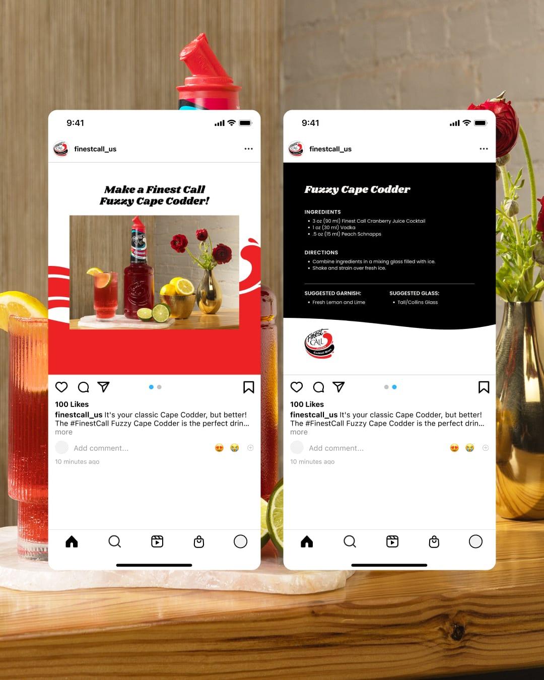 An Instagram carousel for a Finest Call Fuzzy Cape Codder, with the cocktail photo and its recipe card