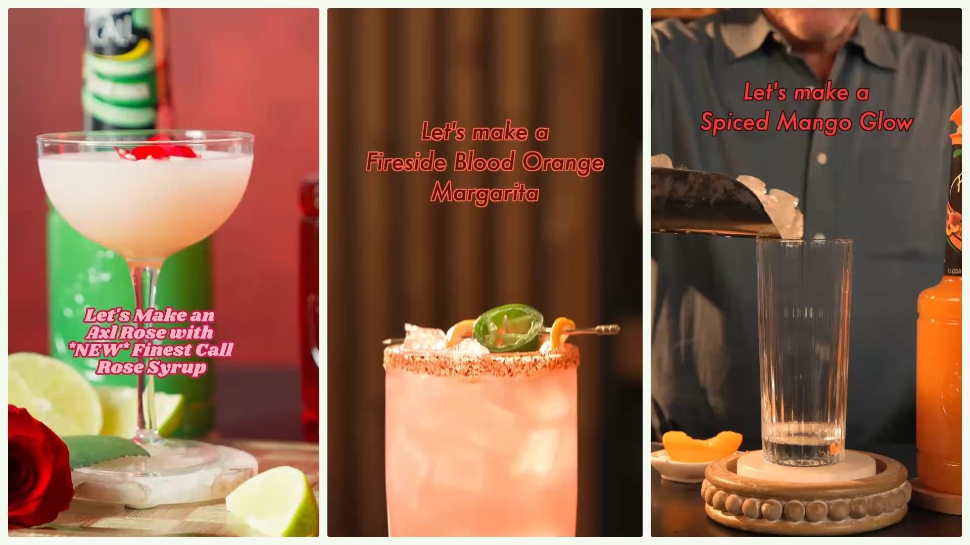Three recipe video stills: an Axl Rose made with new Finest Call Rose Syrup, a Fireside Blood Orange Margarita, and a Spiced Mango Glow