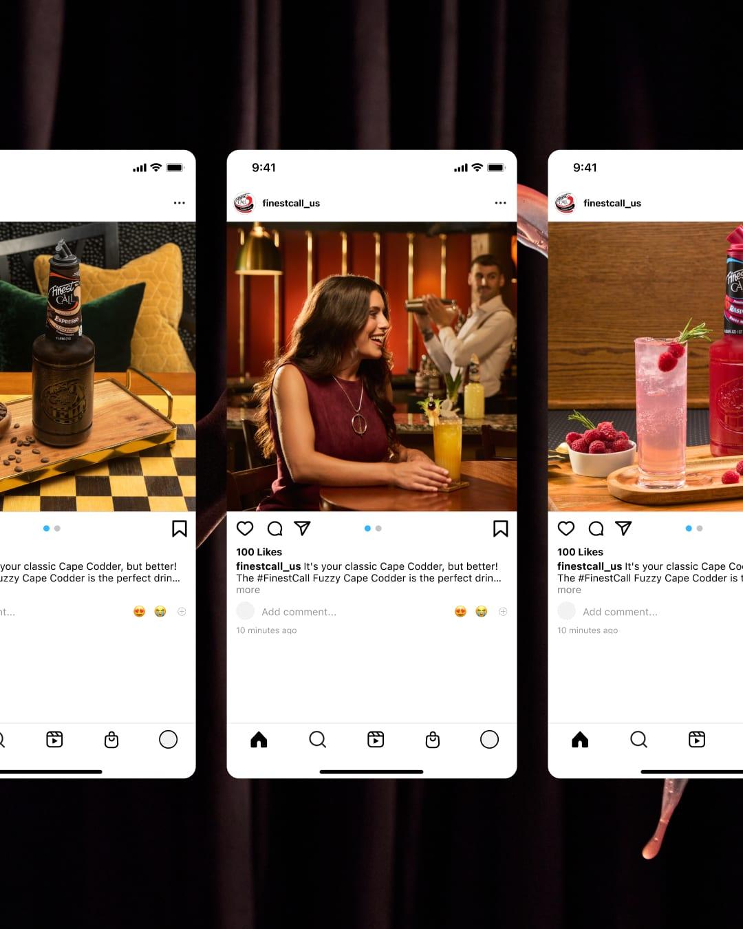 Three Finest Call Instagram posts: an espresso mixer on a checkerboard tray, a couple at a bar, and a raspberry cocktail