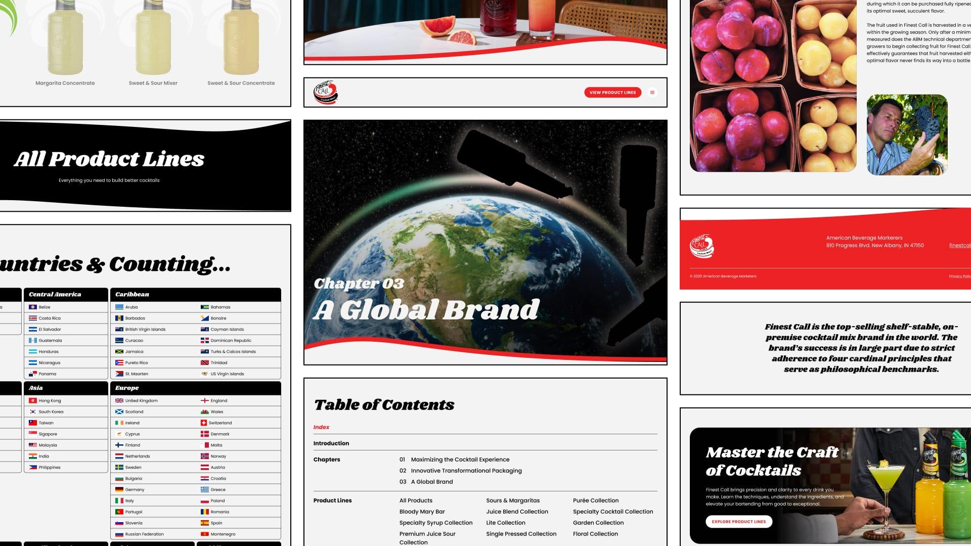 A collage of Finest Call Technical Guide website screens: all product lines, the global brand chapter, the table of contents and Master the Craft of Cocktails