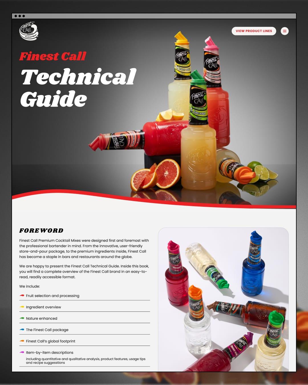 The Finest Call Technical Guide website cover, with stacked mixer bottles above the foreword
