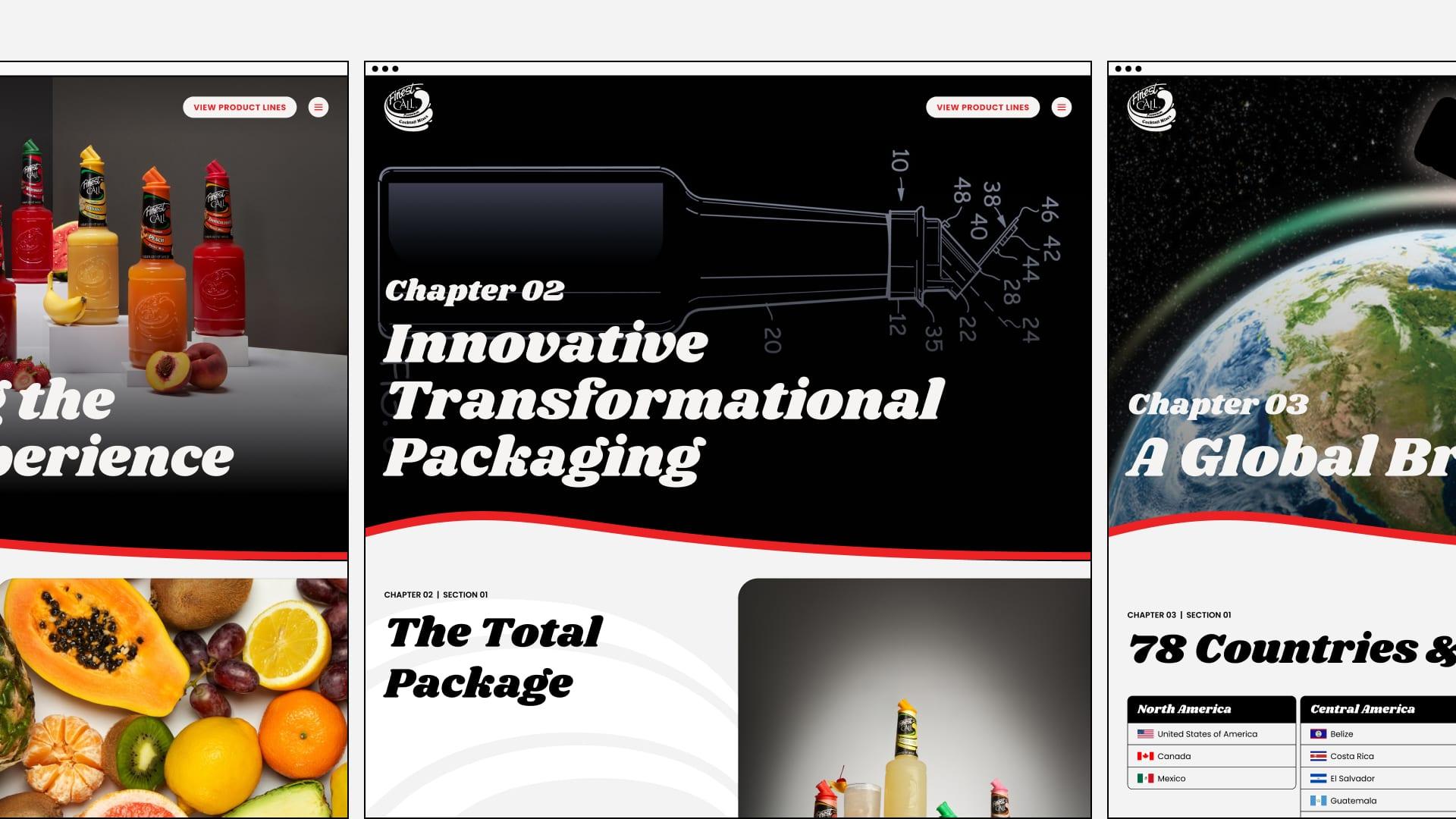 Technical Guide website chapter openers: the cocktail experience, Innovative Transformational Packaging, and A Global Brand