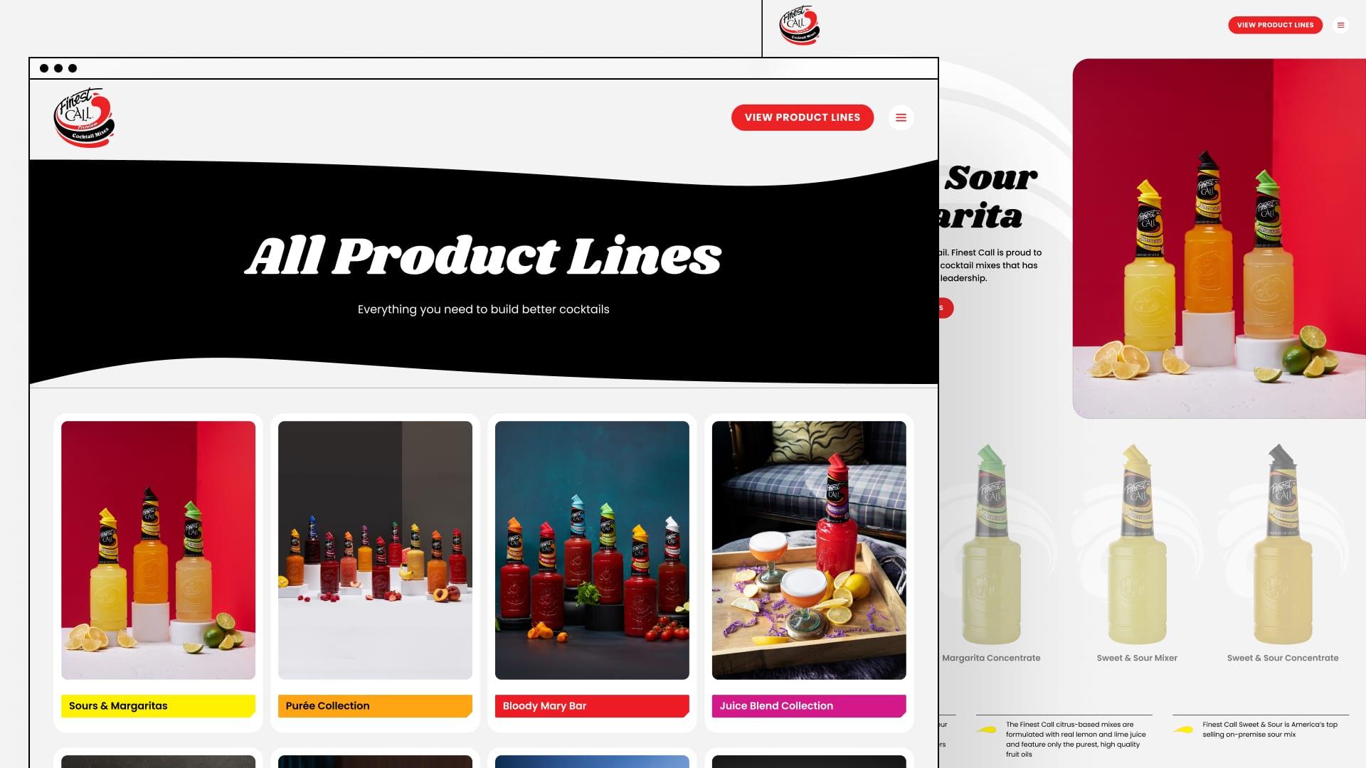 The Finest Call All Product Lines page beside the Sours and Margarita product page