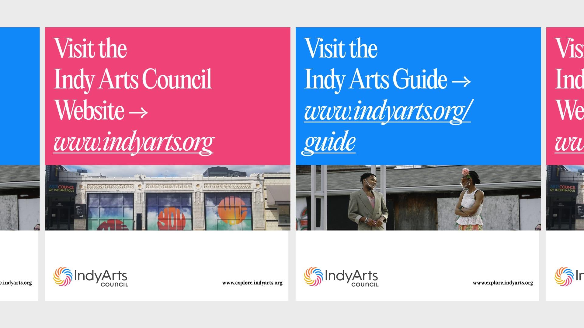 Row of pink and blue IndyArts posters directing people to the Indy Arts Council website and the Indy Arts Guide