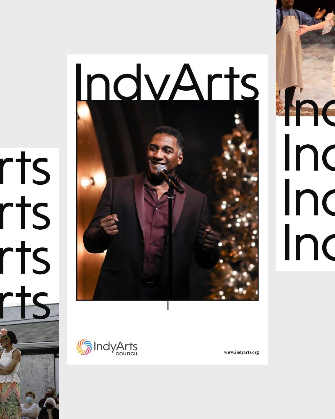 Stacked IndyArts event posters featuring a performer singing on stage in front of a lit Christmas tree