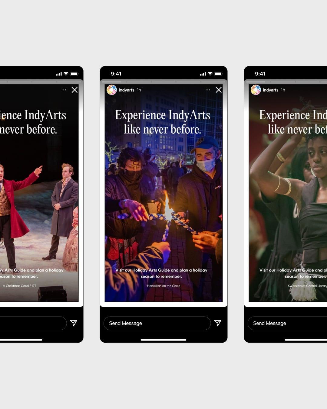 Three IndyArts Instagram stories promoting the holiday arts guide with performance photography