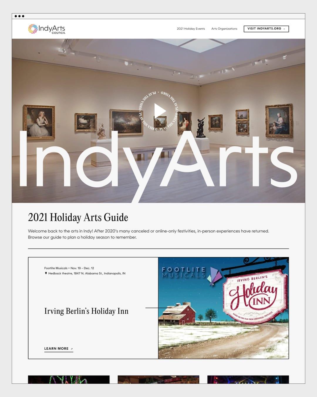 IndyArts website page for the 2021 Holiday Arts Guide, with a gallery video header and a featured Holiday Inn event