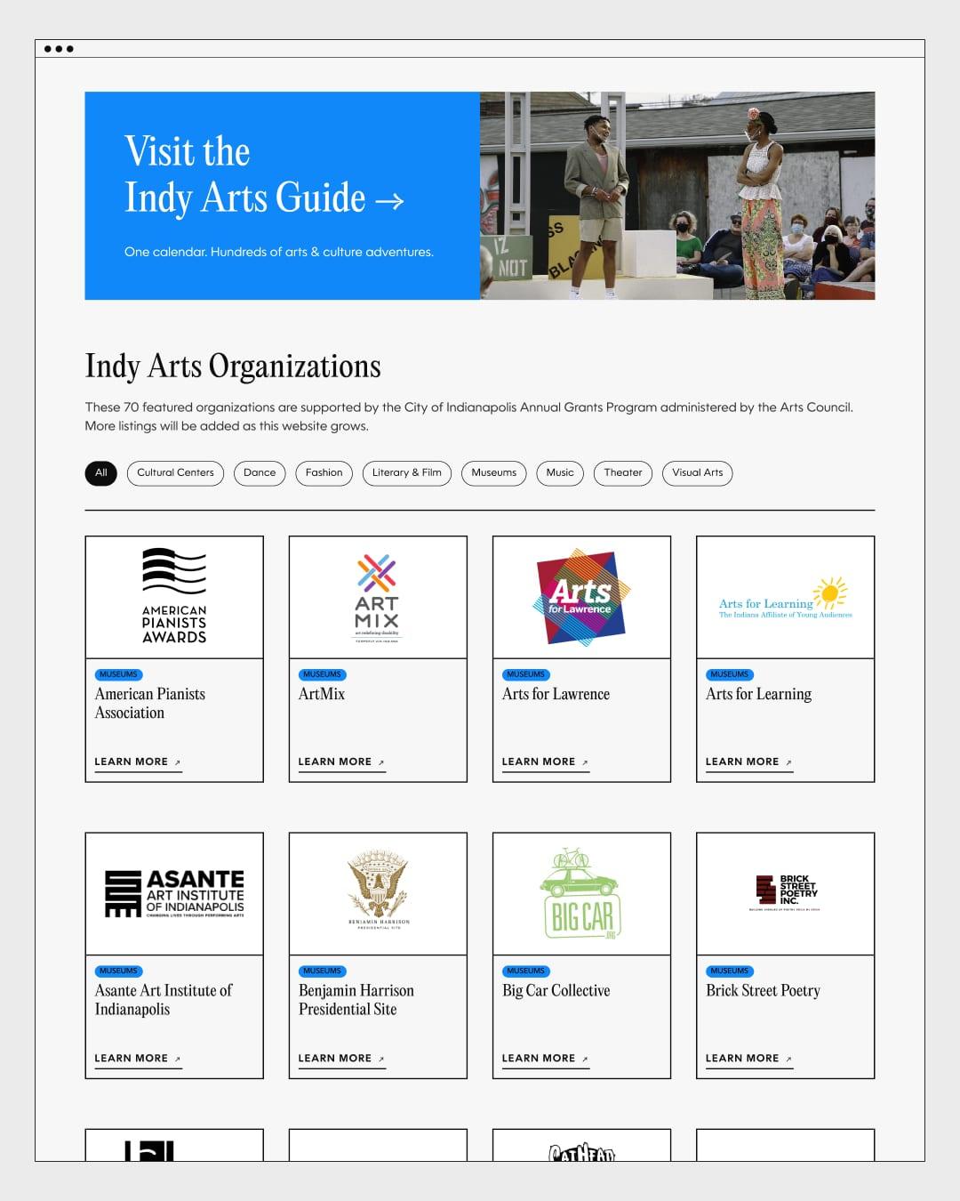 Indy Arts Guide website page listing Indy arts organizations as a filterable grid of logo cards