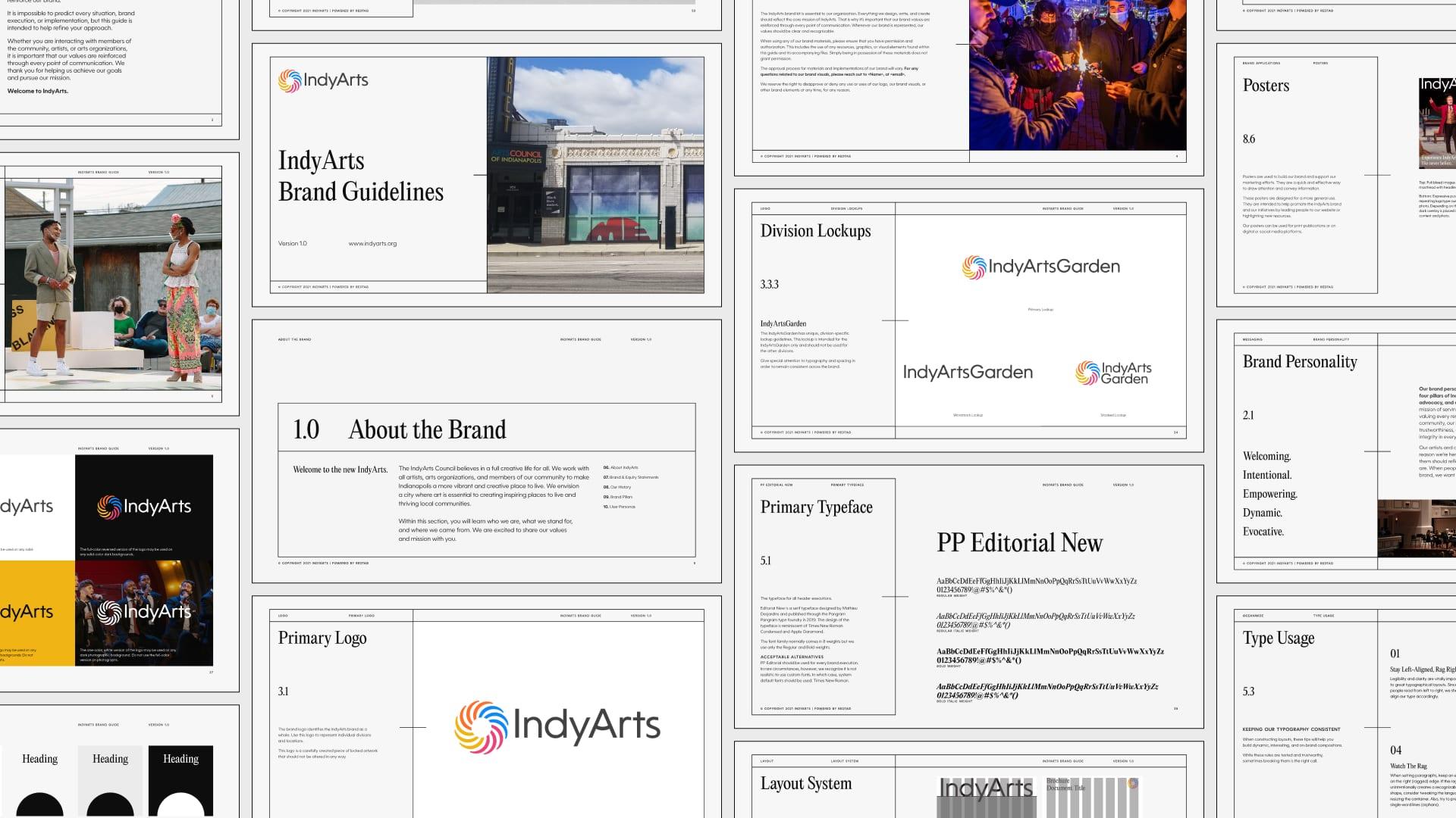 Spread of IndyArts brand guideline pages covering the primary logo, typography, color usage and division lockups