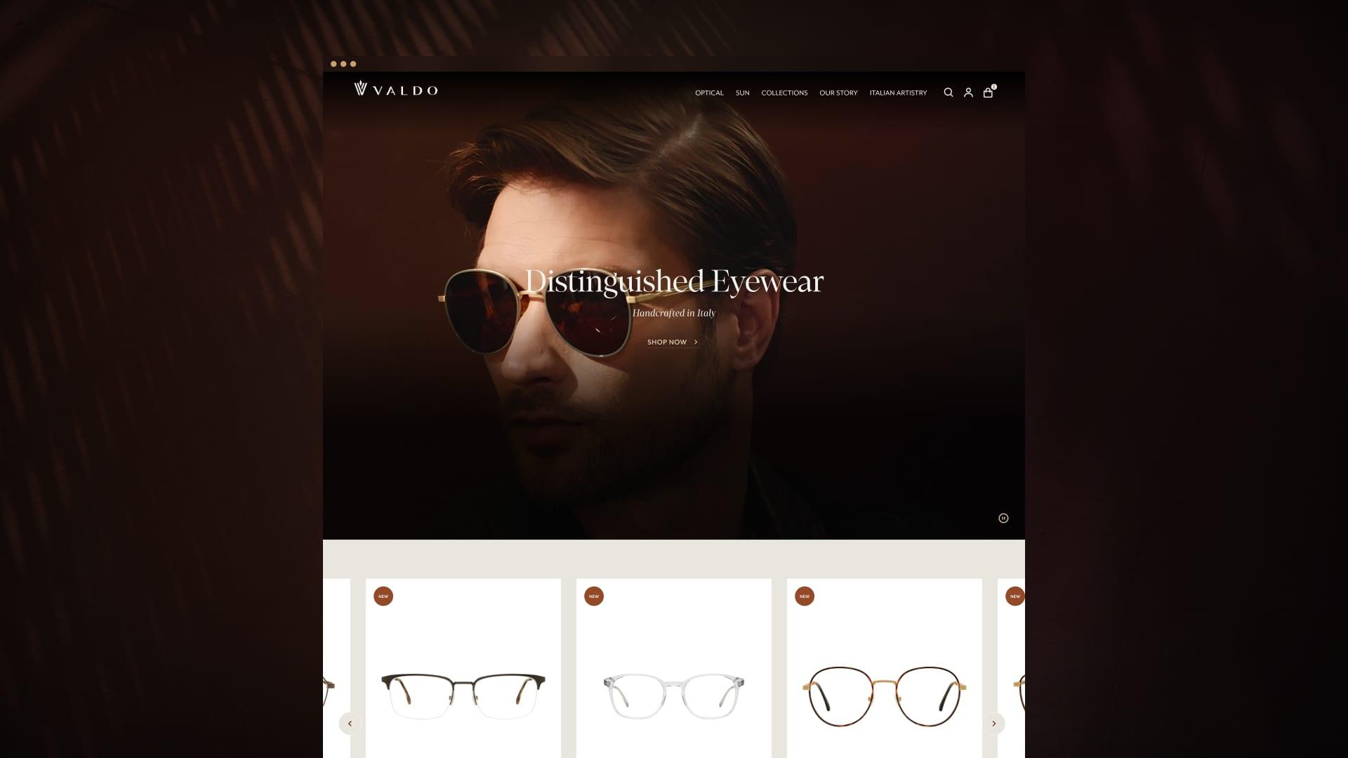 The Valdo homepage on desktop, with a "Distinguished Eyewear" hero portrait above a row of frames