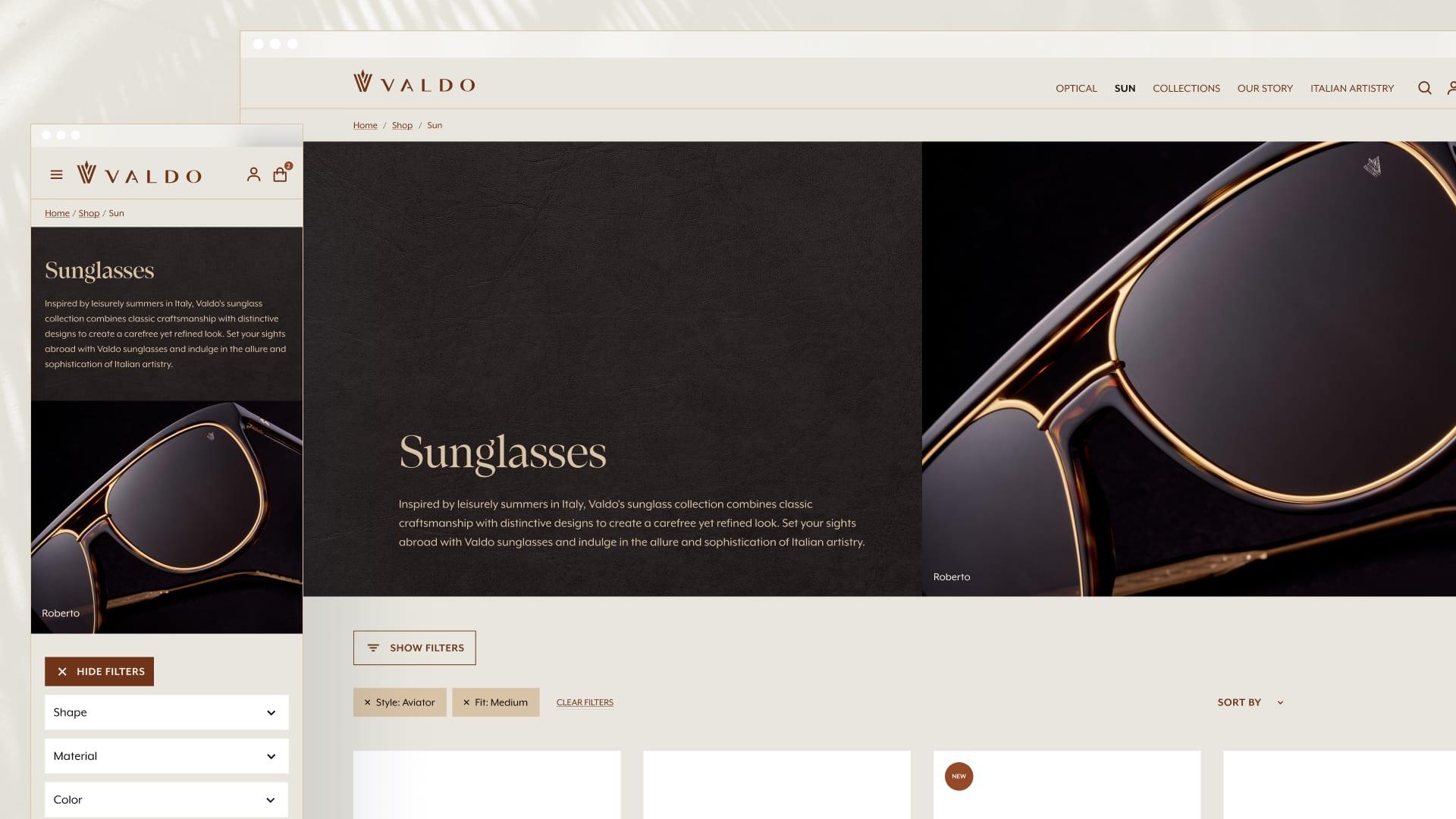 The Valdo sunglasses collection page shown on desktop and mobile, with a close-up of gold-trimmed aviator frames