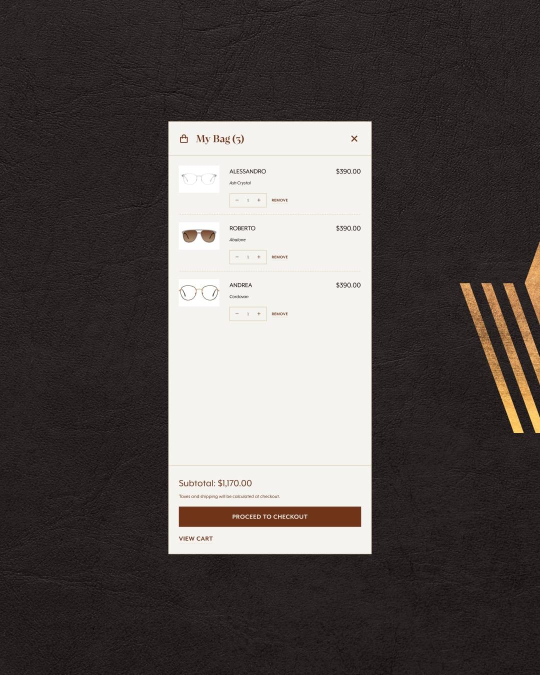 The Valdo shopping bag drawer listing three frames and a Proceed to Checkout button, on a dark leather texture