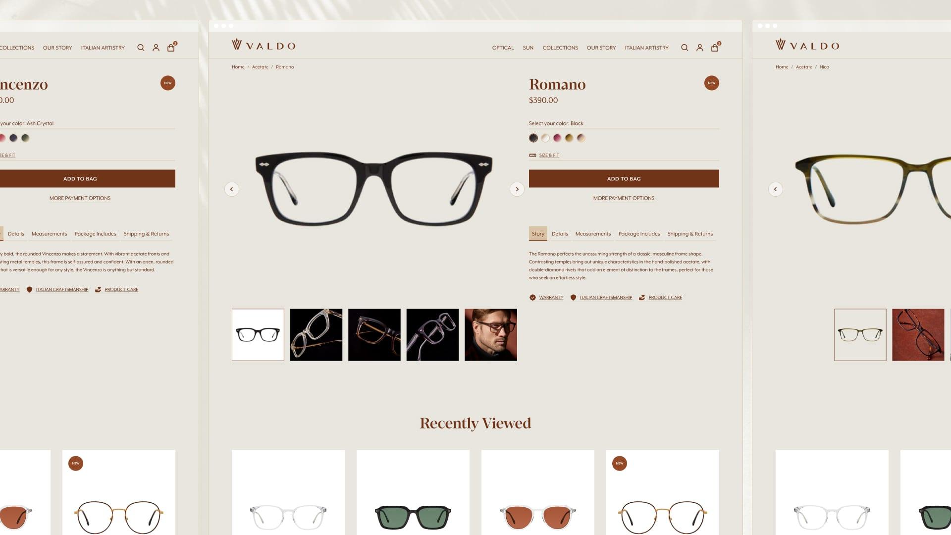 Valdo product detail pages for the Romano and other frames, with colour swatches, add-to-bag buttons and a Recently Viewed row