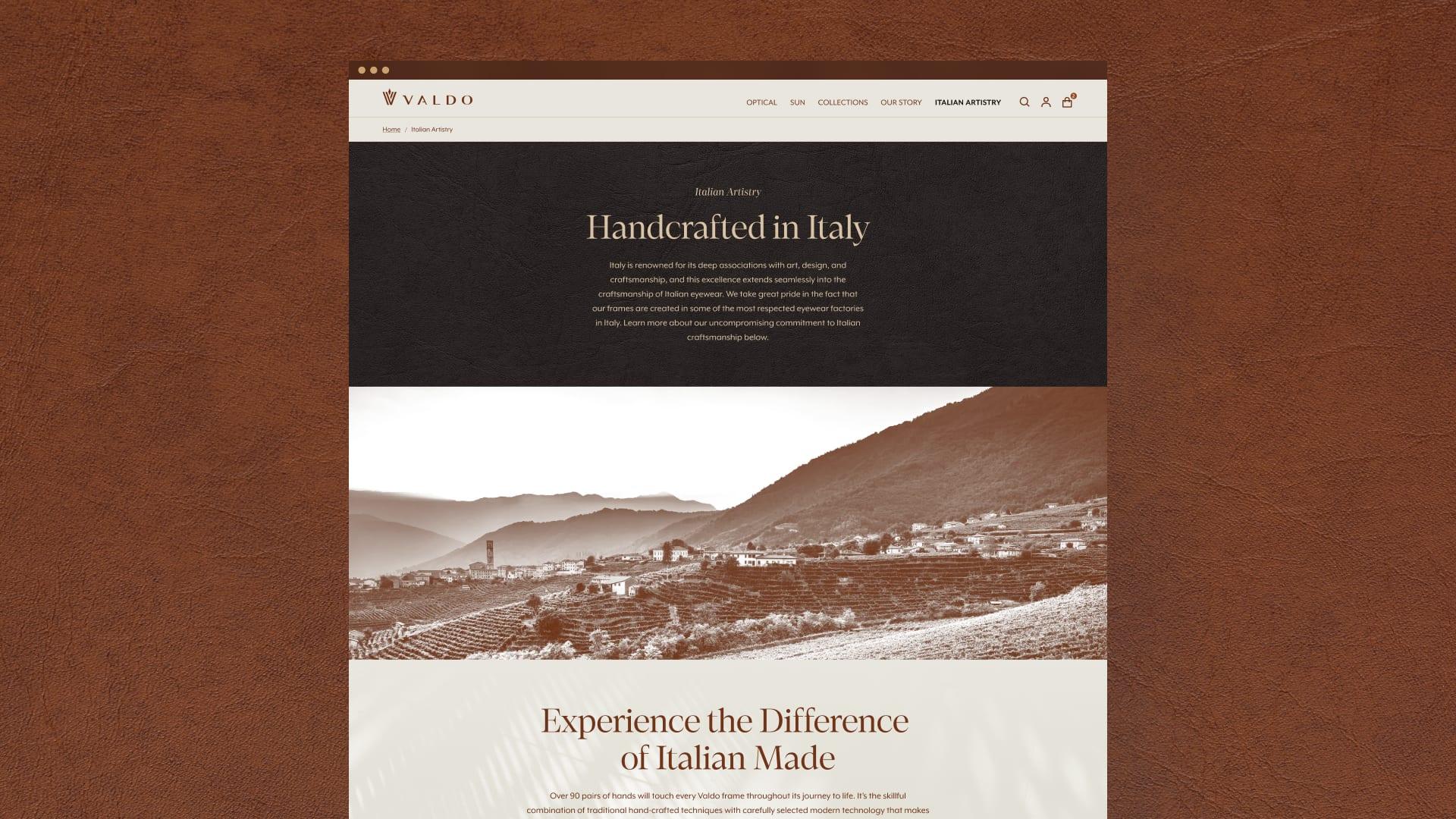 The Valdo "Handcrafted in Italy" page, with a sepia photo of an Italian hillside village