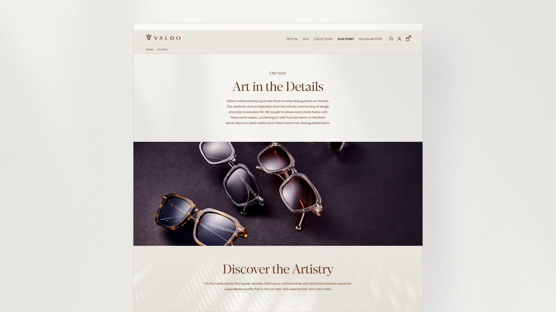 The Valdo "Art in the Details" story page, with a photo of several sunglasses on a dark surface