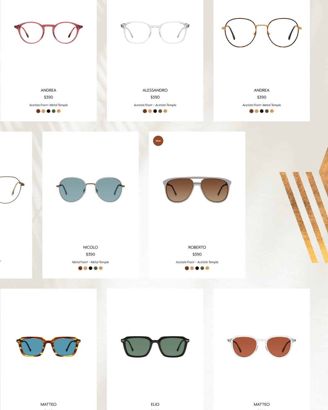A grid of Valdo product cards showing optical frames and sunglasses with prices and colour swatches