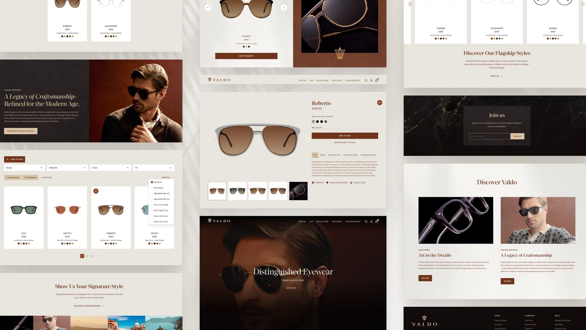 A collage of Valdo website screens: homepage heroes, collection filters, a product page and brand story sections
