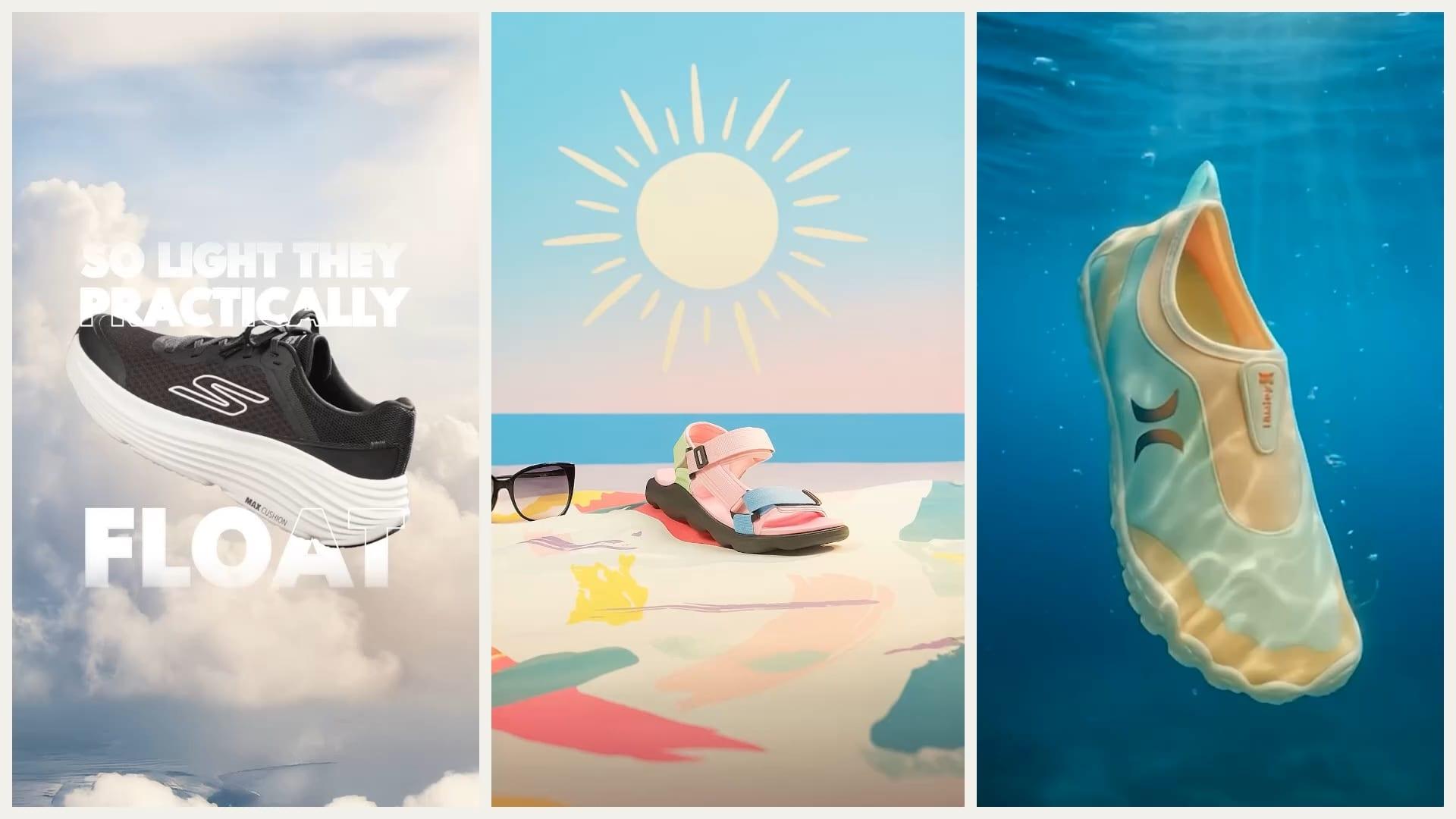 Three vertical video stills: a Skechers runner floating in clouds under the words "So light they practically float", a pastel sandal on a painted beach under a sun, and a water shoe drifting underwater