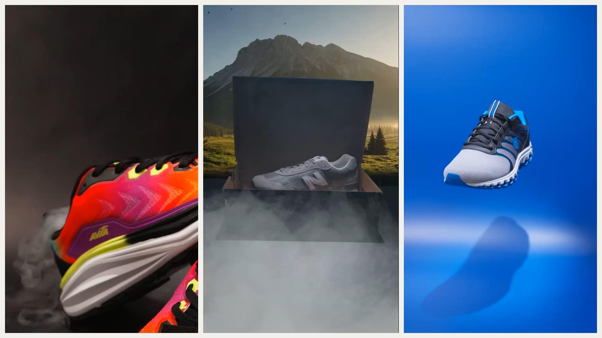Three vertical video stills: a neon running shoe in smoke, a grey New Balance sneaker in a box set against a mountain landscape, and a running shoe hovering over its shadow on a blue backdrop