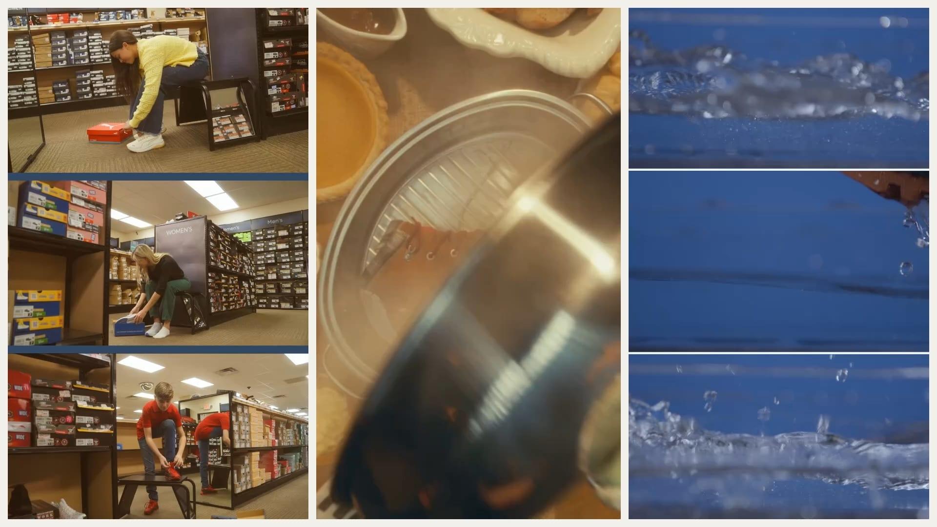 A video storyboard grid: shoppers trying on shoes in a Shoe Sensation store aisle, a close-up of a shoe box lid, and water splashing in slow motion