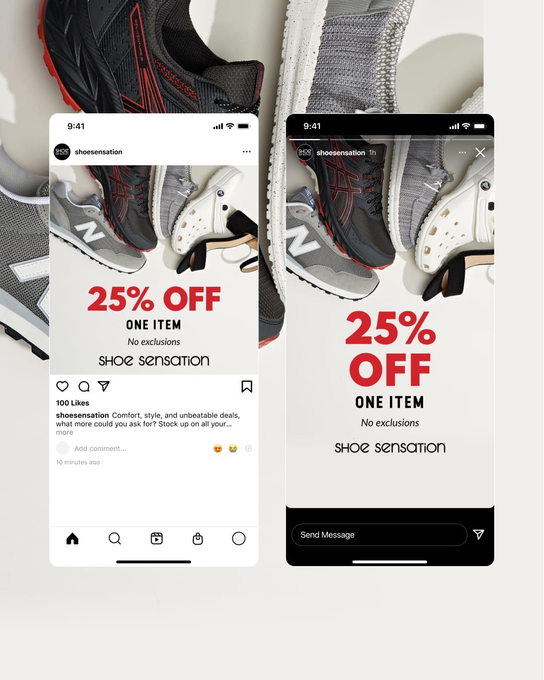 Instagram post and story mockups for a Shoe Sensation "25% off one item, no exclusions" offer over a pile of sneakers