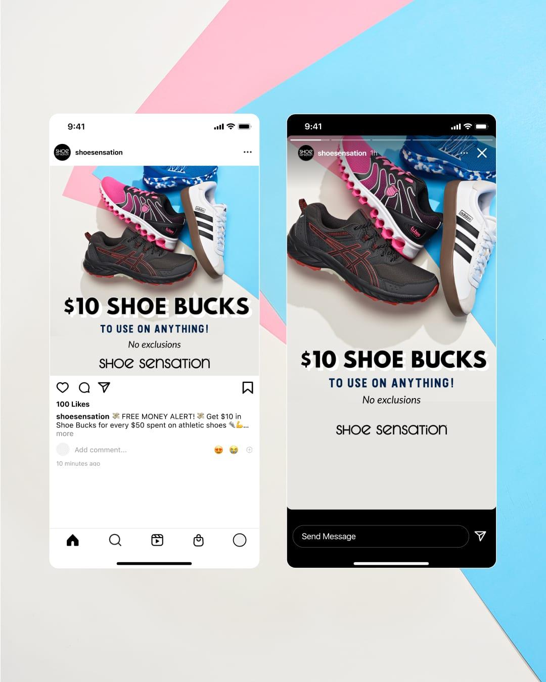 Instagram post and story mockups for "$10 Shoe Bucks to use on anything", showing athletic shoes on a pink and blue background