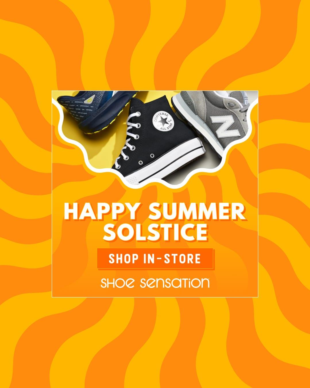 "Happy Summer Solstice, shop in-store" social graphic with Converse, Brooks and New Balance sneakers on an orange swirl pattern