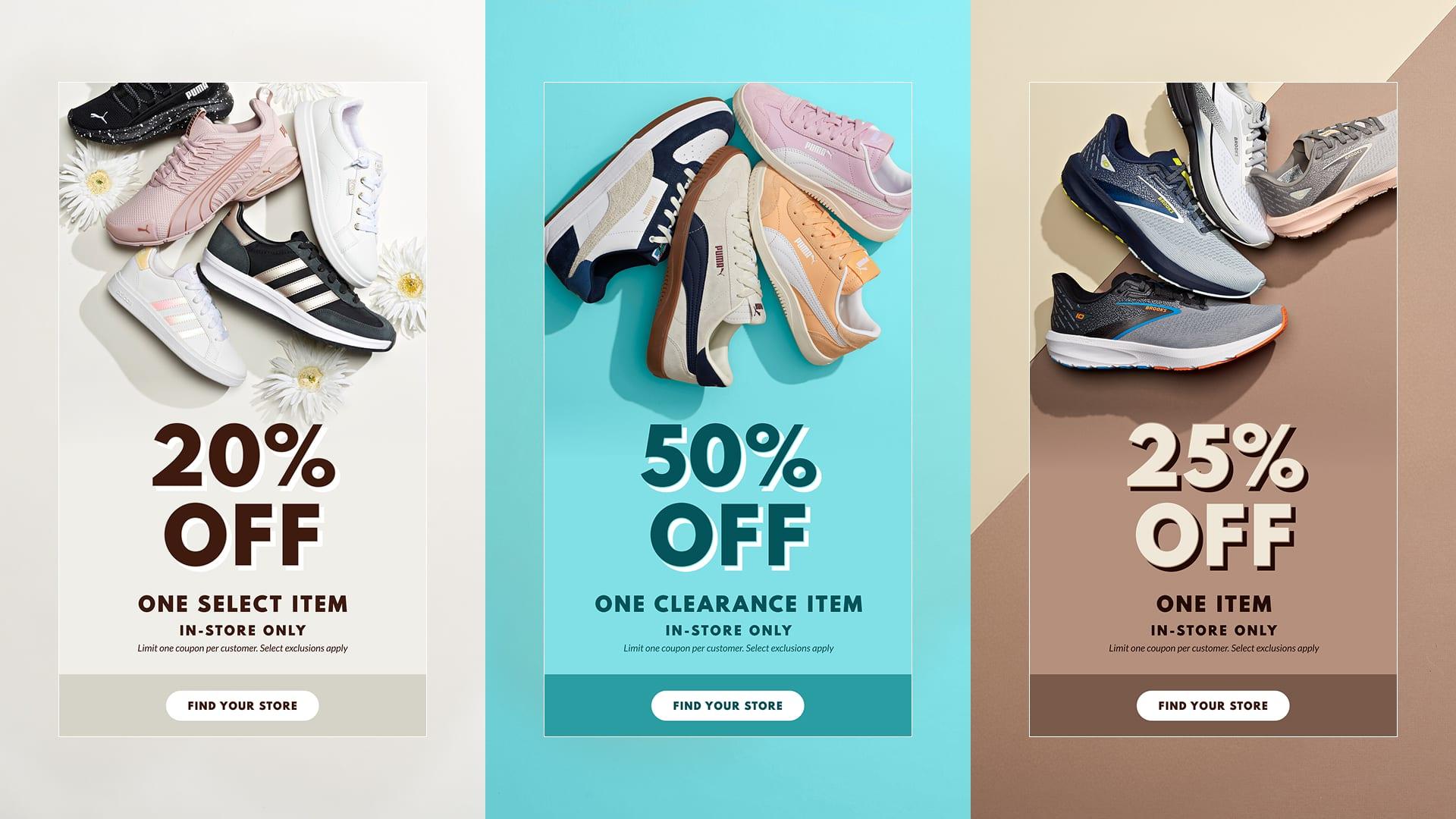 Three vertical in-store coupon ads: 20% off one select item, 50% off one clearance item, and 25% off one item, each with a "Find your store" button