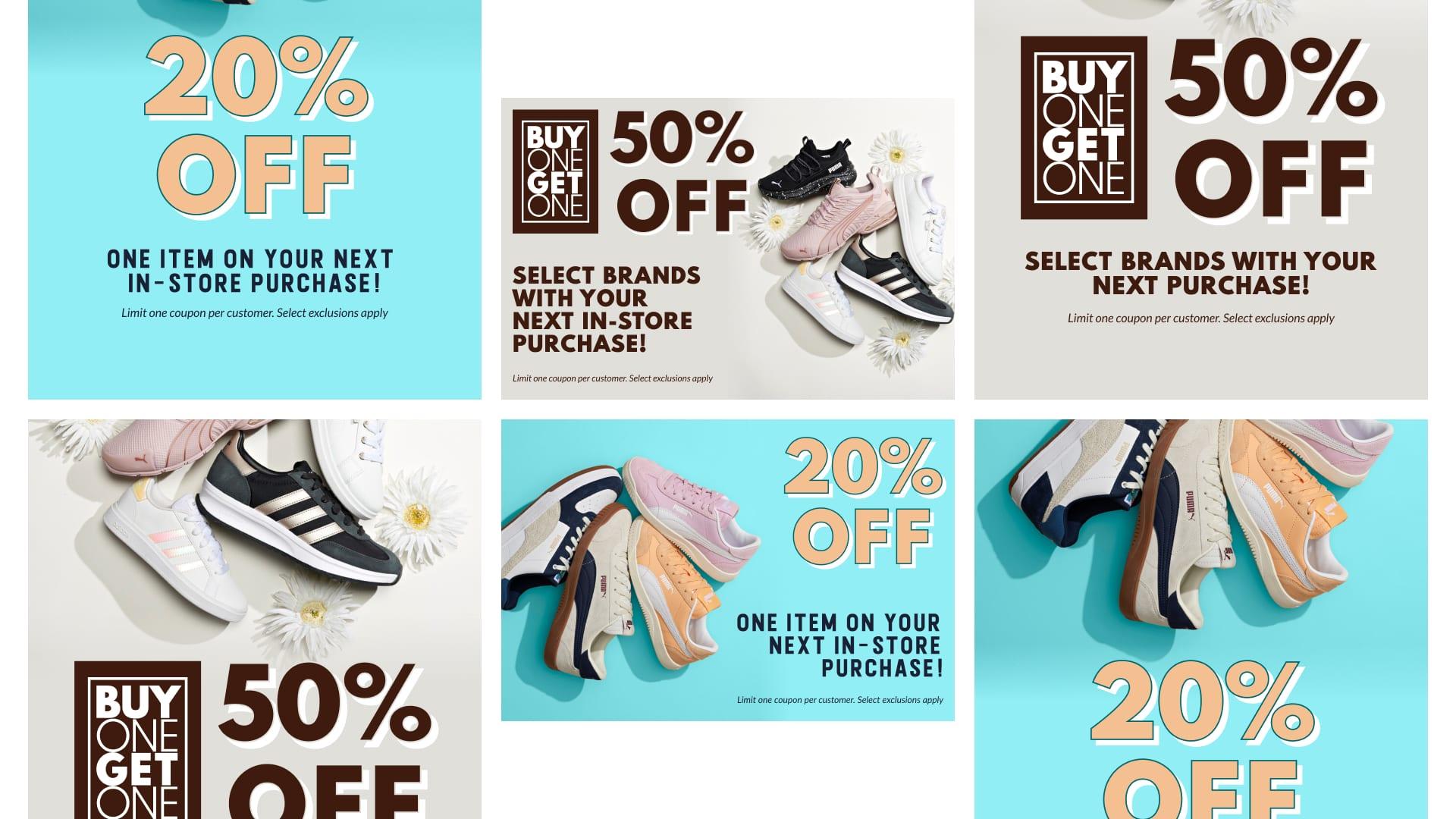A grid of display ad sizes for Shoe Sensation offers, including 20% off one item and buy one get one 50% off select brands