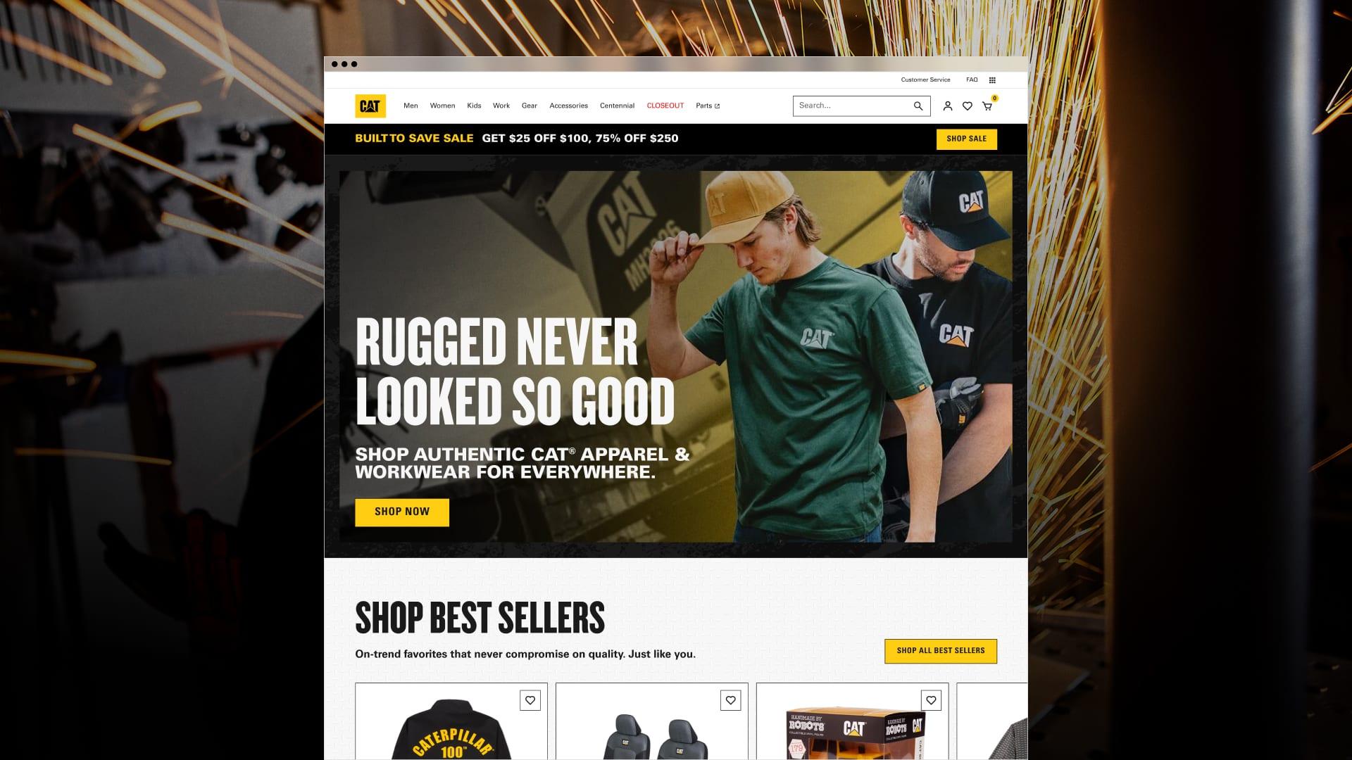 ShopCaterpillar home page, "Rugged Never Looked So Good," shown in a browser window over a photo of a worker in a CAT hoodie grinding metal in a shower of sparks