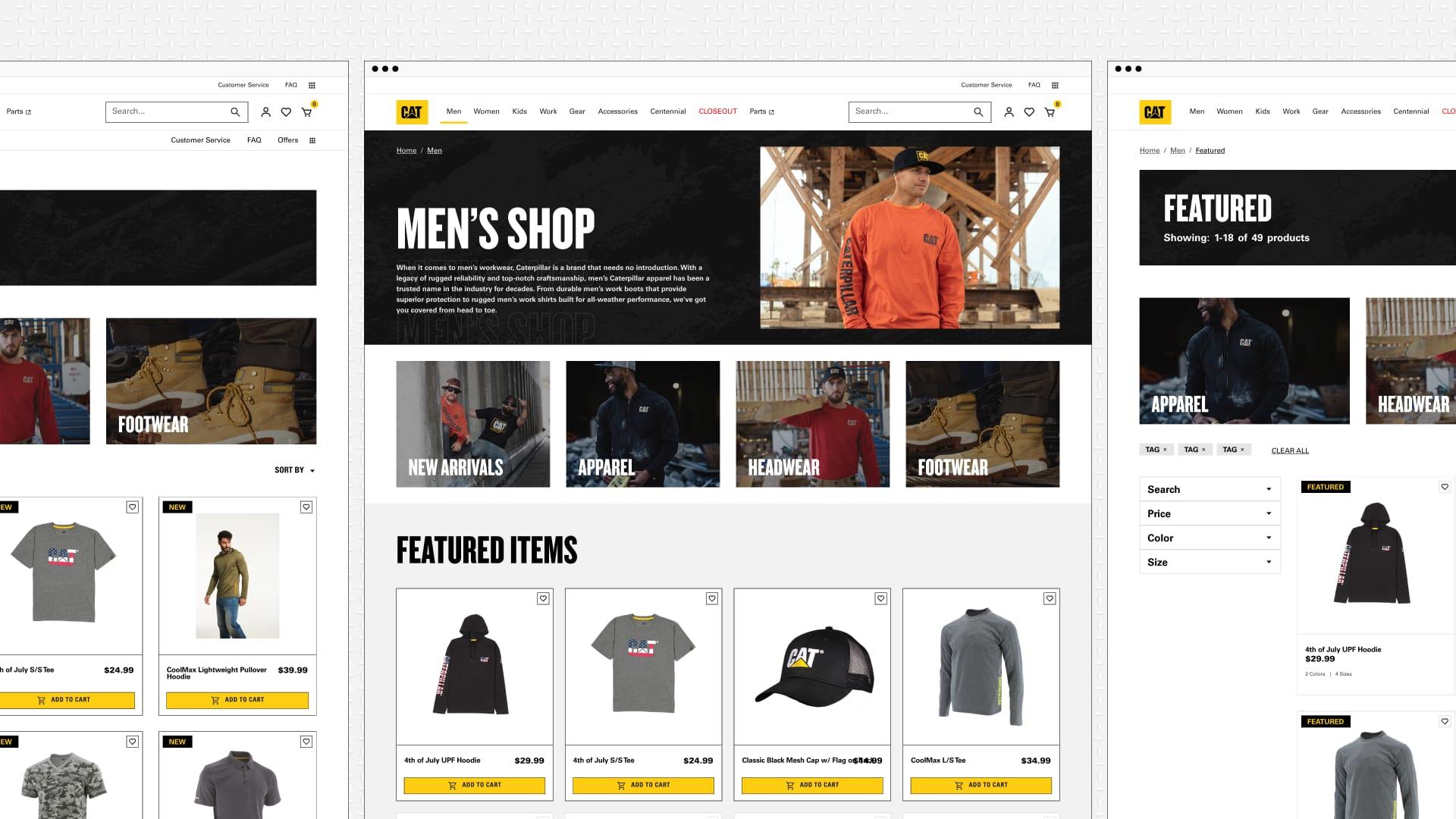 ShopCaterpillar New Arrivals and Men's Shop category pages with Apparel, Headwear and Footwear tiles and product grids