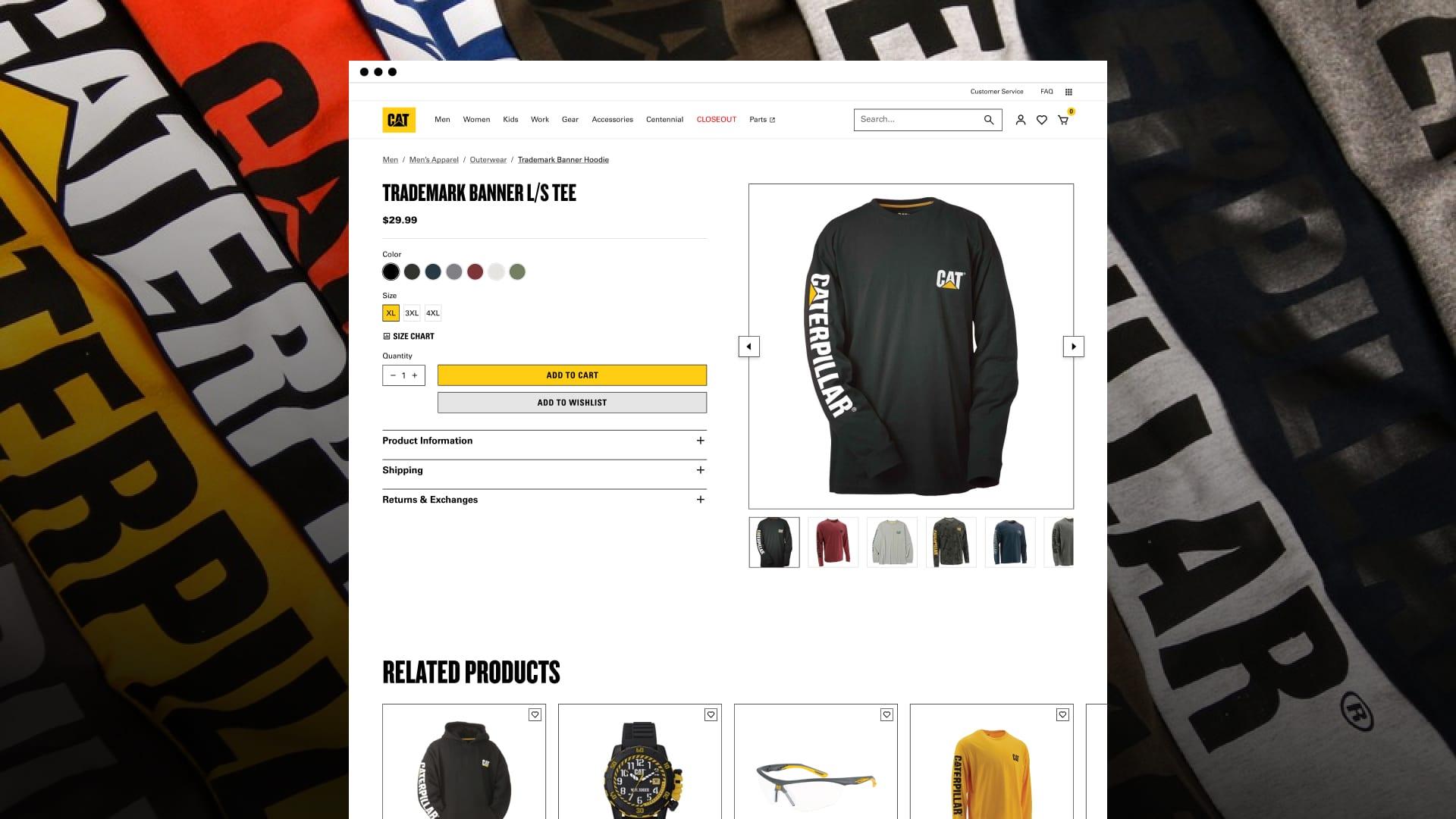 ShopCaterpillar product page for the Trademark Banner long-sleeve tee in black, over a close-up of Caterpillar-lettered shirts