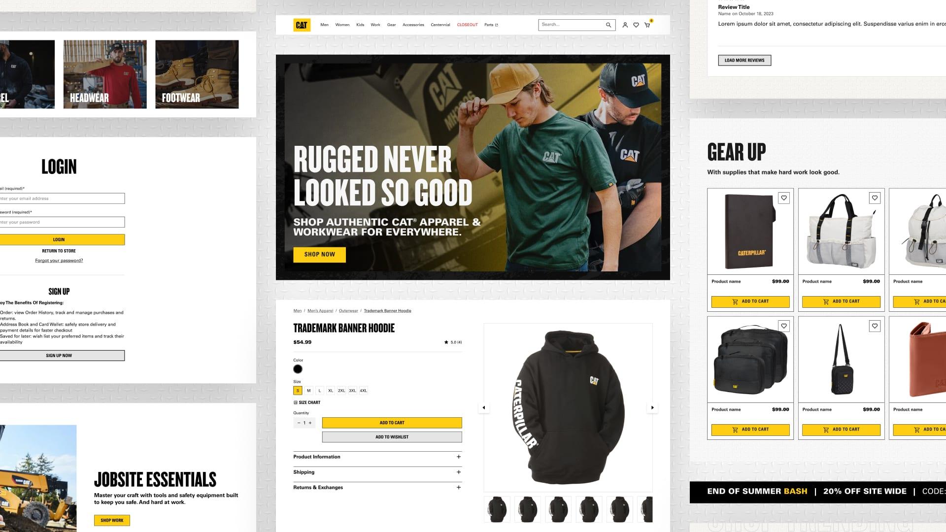 Collage of ShopCaterpillar pages: Join Our Community of Doers, login, Jobsite Essentials, Rugged Never Looked So Good and Gear Up bags