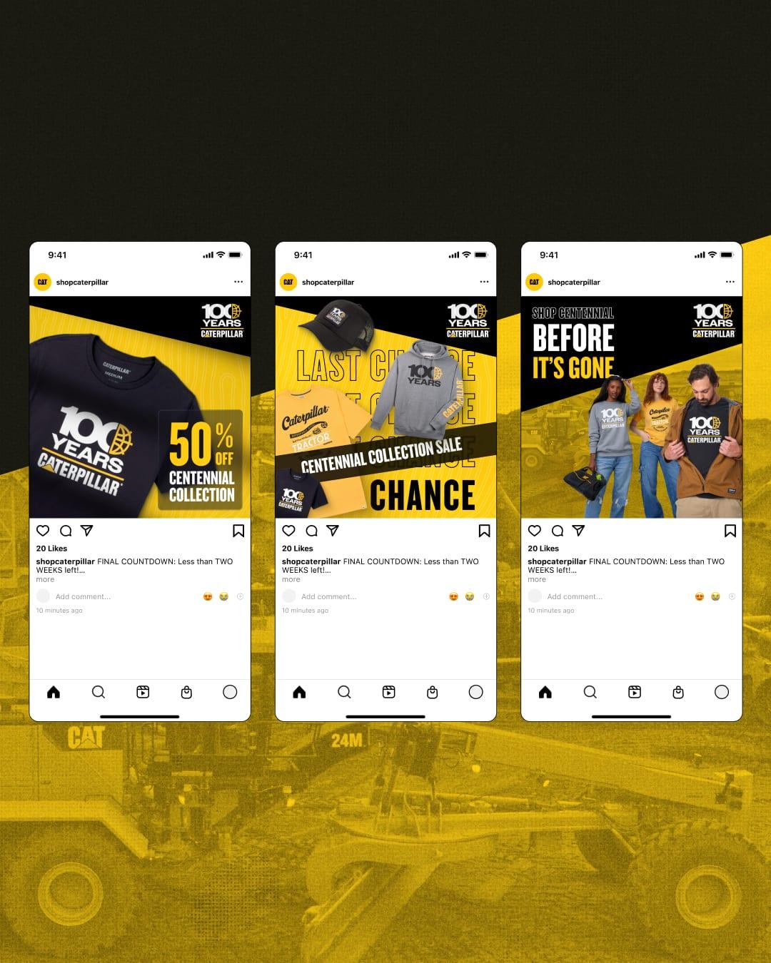 Three ShopCaterpillar Instagram posts for the Caterpillar 100 Years centennial collection sale, over a yellow-tinted jobsite photo