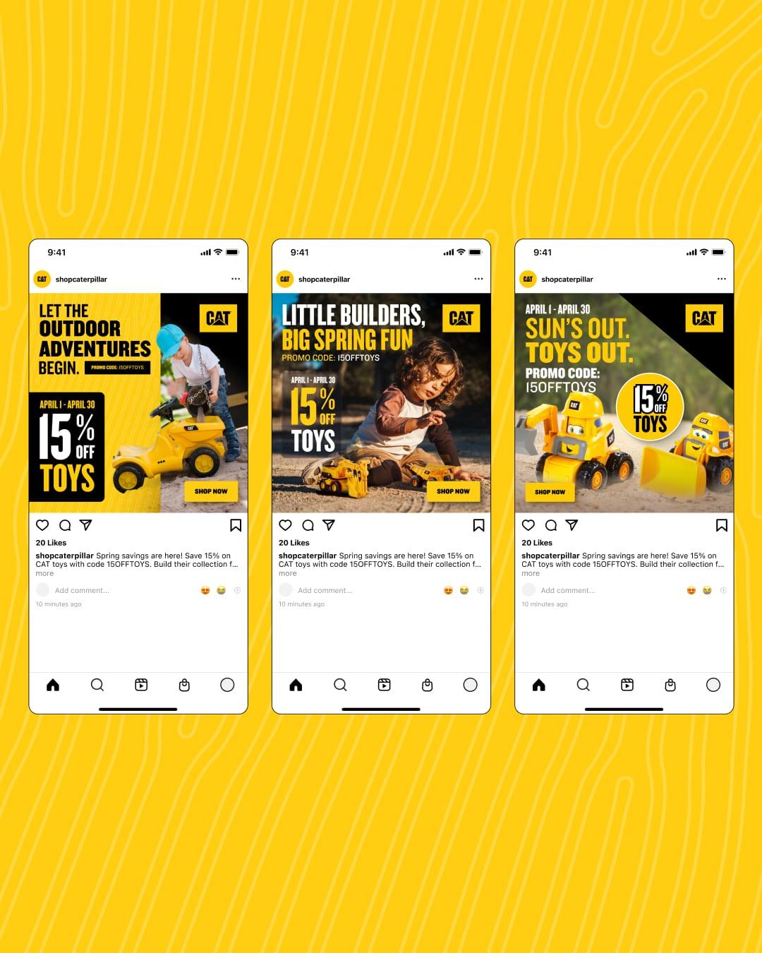 Three ShopCaterpillar Instagram posts promoting 15% off CAT toys with code 15OFFTOYS on a yellow background