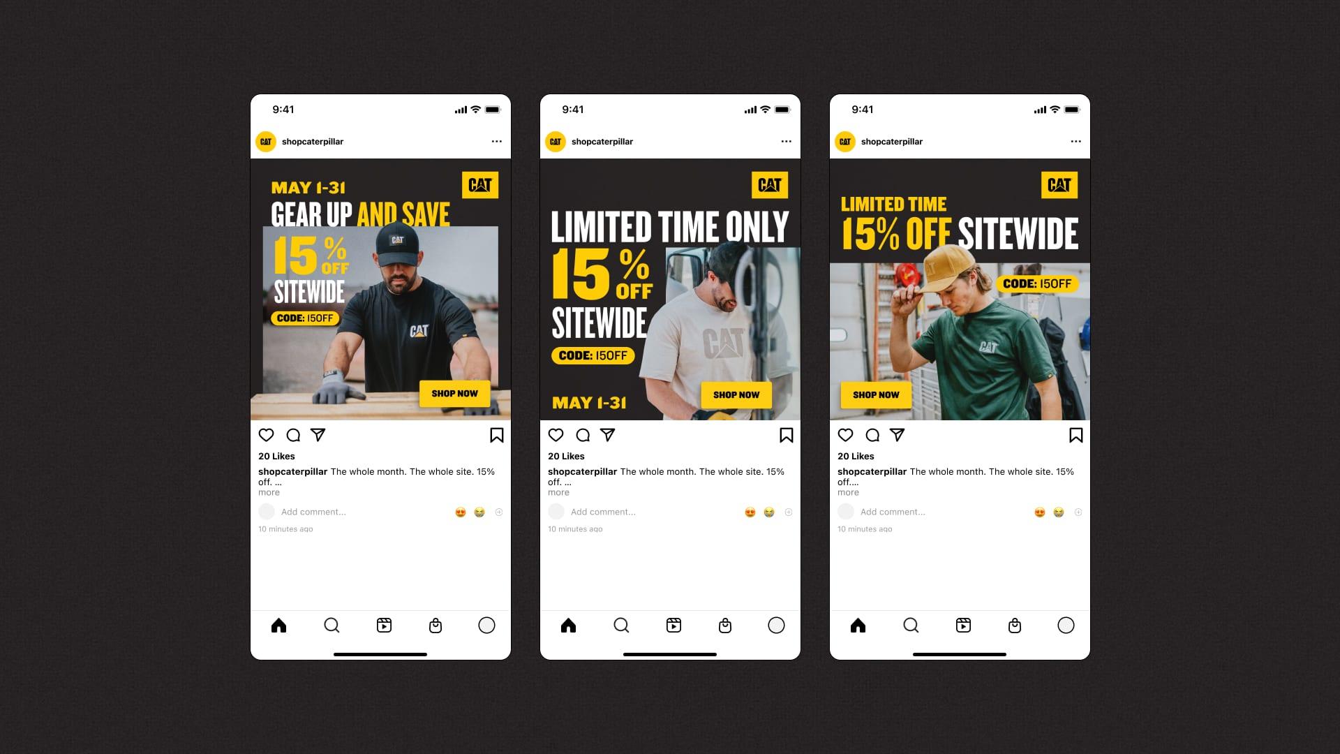 Three ShopCaterpillar Instagram posts for a May sitewide sale, 15% off with code 15OFF, on a dark background